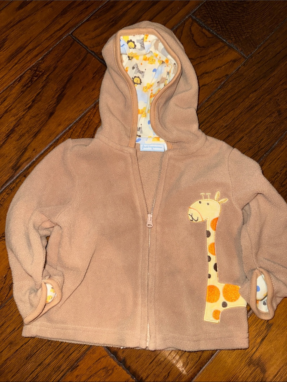 First Impressions Tan Fleece Hoodie with Giraffe Applique